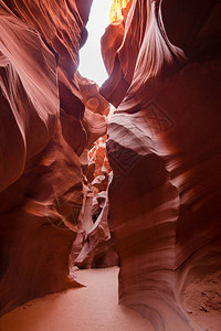 在著名的羚羊峡谷中欣赏到令人惊叹的砂岩地层的美丽垂直广角景观图片