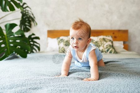 快乐笑的男孩爬在灰色床上婴儿发育阶段为图片