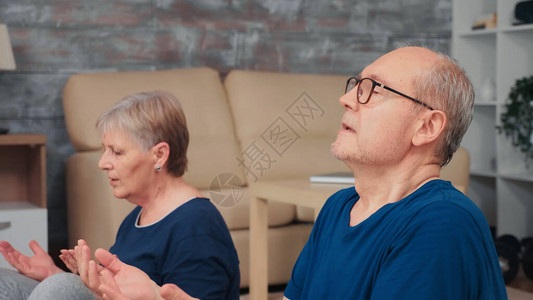 活跃的老年夫妇在客厅里一起冥想老年人健康和积极的生活方式在家锻炼和锻炼老年背景图片