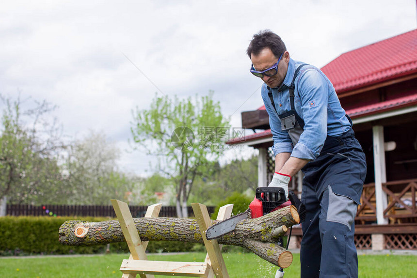穿着工作服的男工用电锯在院子里的锯木架上锯一棵树用专业的电锯在森林里砍柴用锯子辛苦工作图片