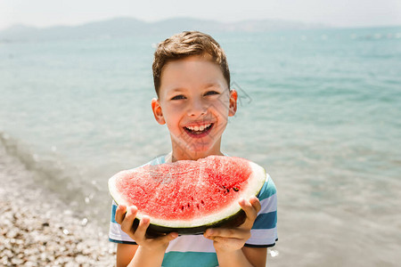 快乐的孩子吃多汁的西瓜孩子们情绪男孩在海滩海岸的图片