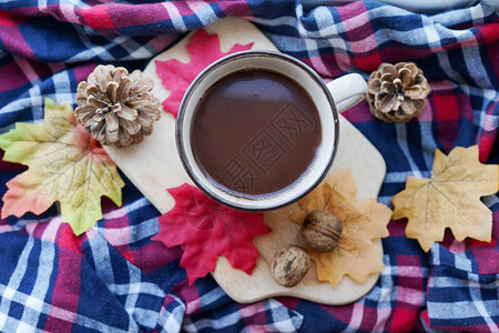 杯茶与秋布锥体和叶子秋天的心情图片