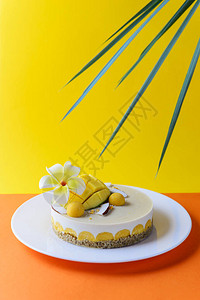 腰果蛋糕与芒果和椰子鸡蛋花和绿叶在黄橙色背景图片