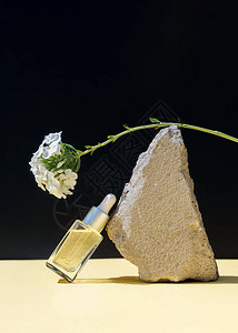 健康和天然化妆品概念以黑底石头和白花的相片构成的草药基本按摩油瓶子图片