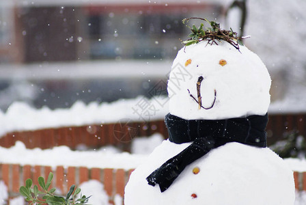 在降雪中间带着围巾的雪人图片