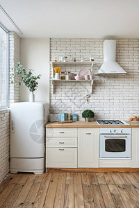 冰箱燃气灶具炊具内置烤箱设备架子上的厨具用品和厨房里的绿色植物的垂直视图背景