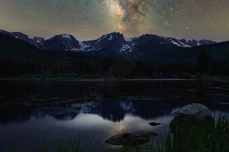 银河反射落基山公园周围的水晚上的斯普拉格湖在玻璃般光滑的水面上反射星图片