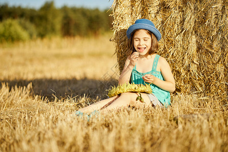 夏天在田间割下的黑麦上吃葵花籽的可爱女孩图片