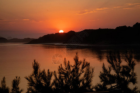 美丽的橙色日落在河到大海的河流中带着图片