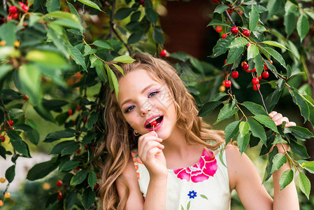 女孩在自然的花园里吃樱桃图片