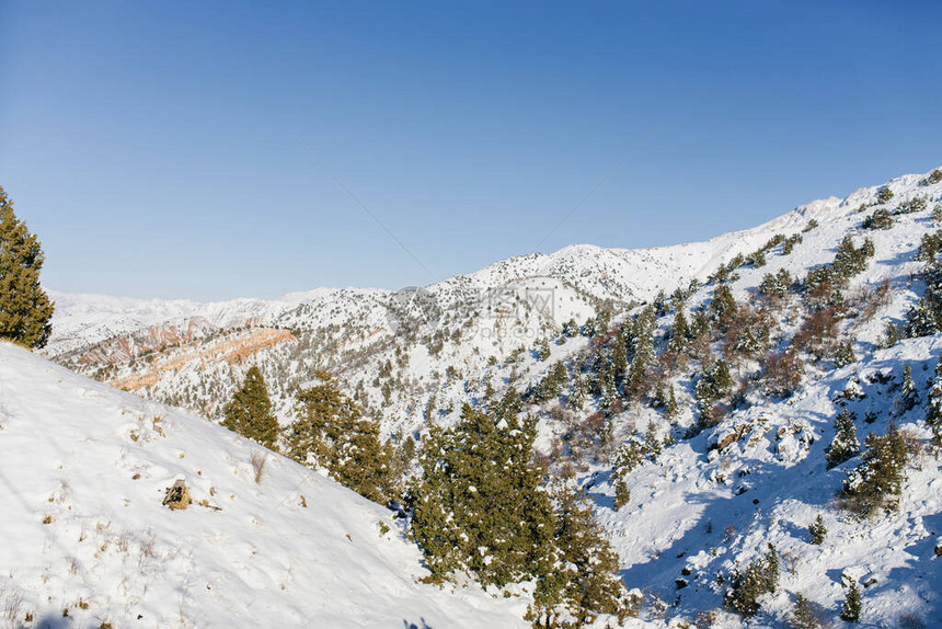 乌兹别克斯坦天山贝尔德赛滑雪胜地冬季景观图片