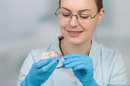 女牙医技术员在牙科大牙里图片