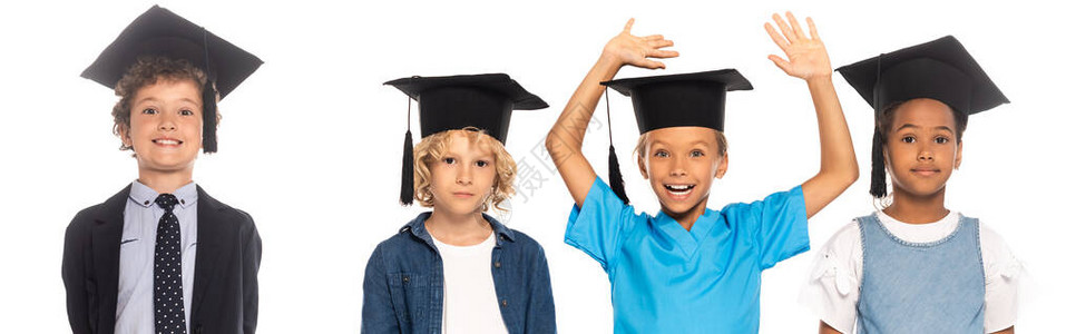 身着毕业帽身着不同职业服装的多元文化孩子的全景作物靠近孩子图片