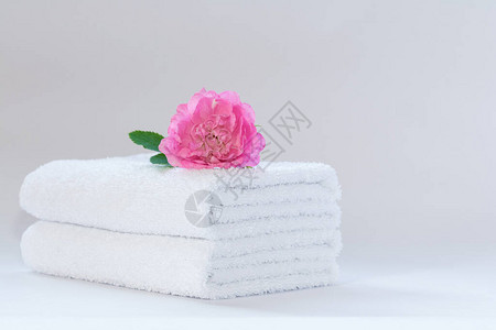 两条白色整齐折叠的毛巾有一朵玫瑰图片