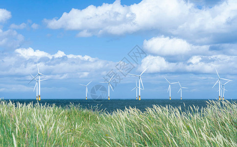 海洋中的海景风车农场图片