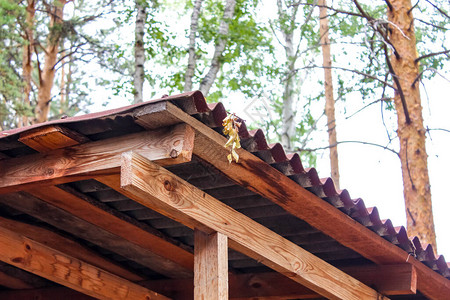 夏日河谷的木屋顶背景里有松树有图片