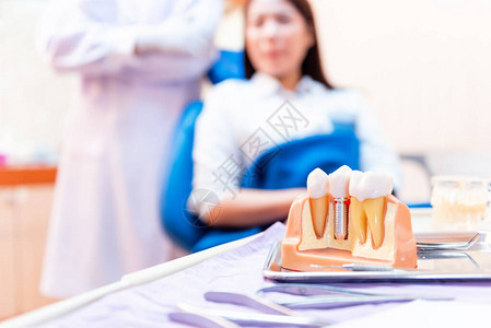 牙医植入假牙科诊所的牙科和背景图片