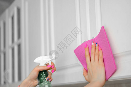 清洁房屋用粉色海绵和洗涤剂图片