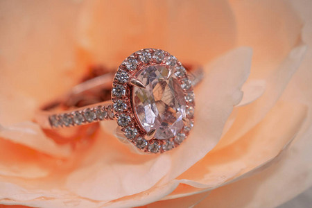 玫瑰花背景上的粉色钻石戒指图片