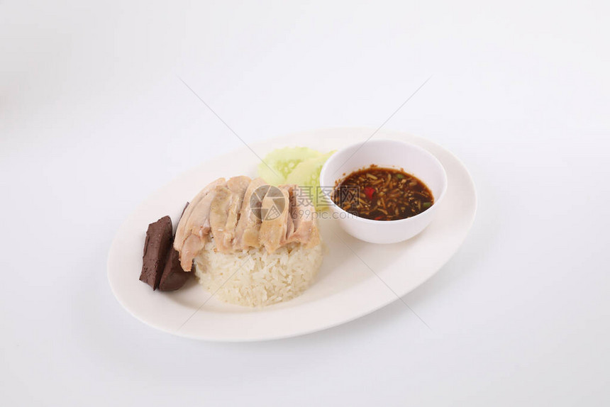 泰国食品美食鸡肉加大米木本面的KhaoMu图片