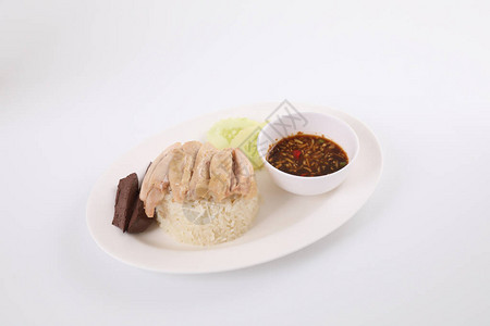 泰国食品美食鸡肉加大米木本面的KhaoMu图片
