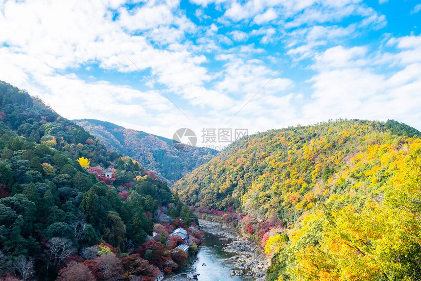 在日本京都旅游景点受欢迎的地貌里程碑秋季节假期周六和观光概念Arashiyama图片