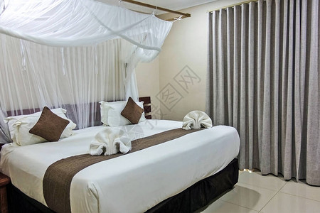 床铺内有白色床单棕色床垫和装饰枕头蚊子图片