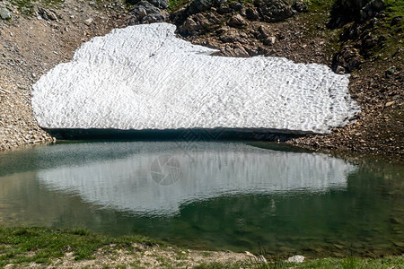 夏季冰川岩石和土地融化的冰湖部分冷冻意大利奥斯塔谷的风景图片