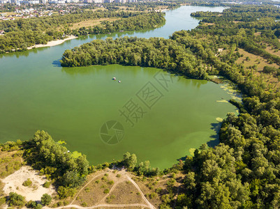 鸟瞰图第聂伯河岸河水碧绿的水中绽放着藻类图片