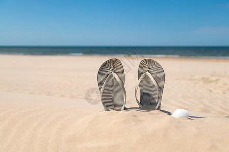 在一个美丽的晴天在海滩的灰色凉鞋拖鞋在海边的沙滩上人字拖图片