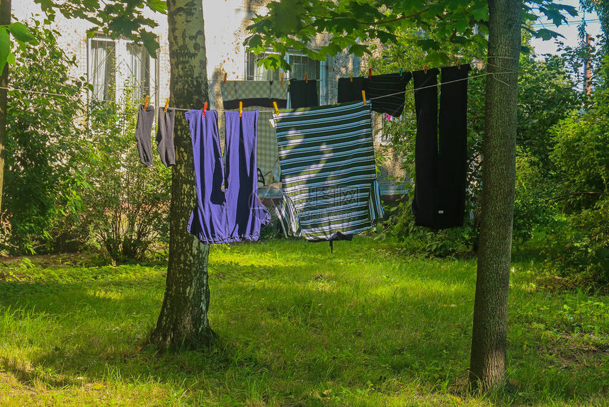 洗过的衣服挂在树间的晾衣绳上晾干图片