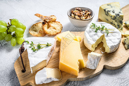 奶酪板配法国卡门培尔奶酪布里干酪帕尔马干酪和蓝纹奶酪葡萄和核桃白色图片