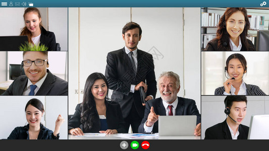商务人士在笔记本电脑显示器视图上的视频会议中开会在线研讨会应用程序呈现在计算机屏幕的裁剪缩放视图中企业工背景图片
