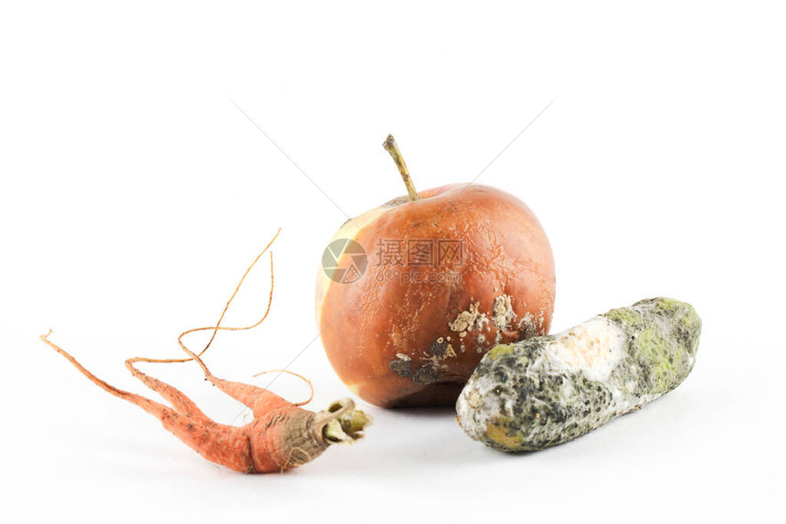 腐烂苹果白背景的胡萝卜全球饥饿问题过度消费概念顶部图片