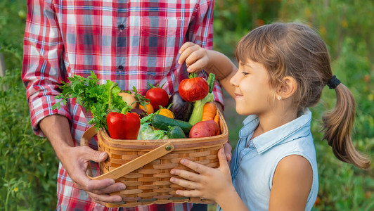 农民和孩子手中握着丰收的蔬菜图片