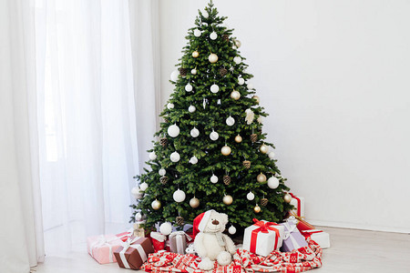 白色房间内白色室内绿色圣诞树图片