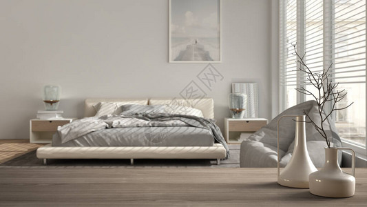 模糊的现代白色卧室配有双人床大理石瓷砖地板简约的图片