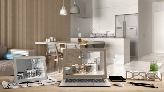 建筑师设计师桌面概念笔记本电脑和平板电脑在木桌上图片
