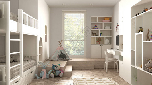 白色柔和色调的现代简约儿童卧室人字形镶木地板双层床带玩具的橱柜木偶和装饰品柔软的地毯帐篷背景图片