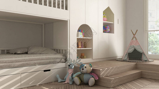 白色柔和色调的现代简约儿童卧室人字形镶木地板双层床带玩具的橱柜木偶和装饰品柔软的地毯帐篷背景图片