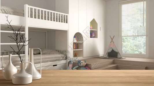模糊的儿童卧室配有双层床枕头玩具和木偶镶木地板简约的图片