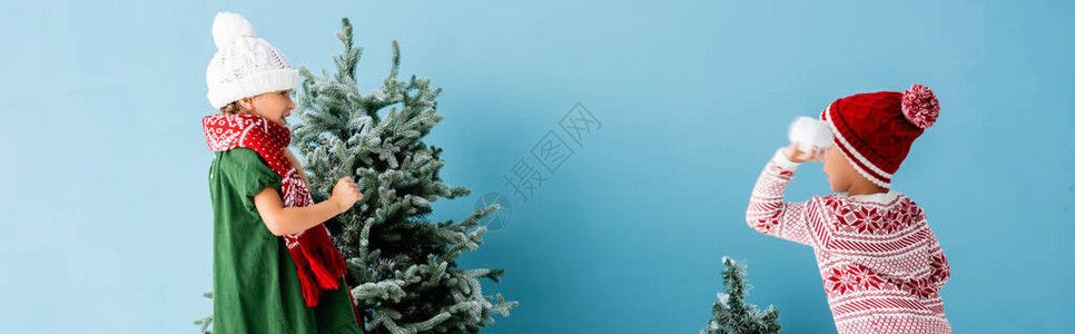 冬季装扮中孩子在圣诞树附近玩雪球蓝色的圣背景图片