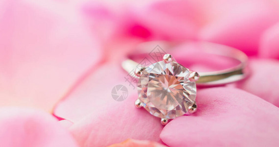 美丽的粉红玫瑰花瓣背景上的珠宝图片