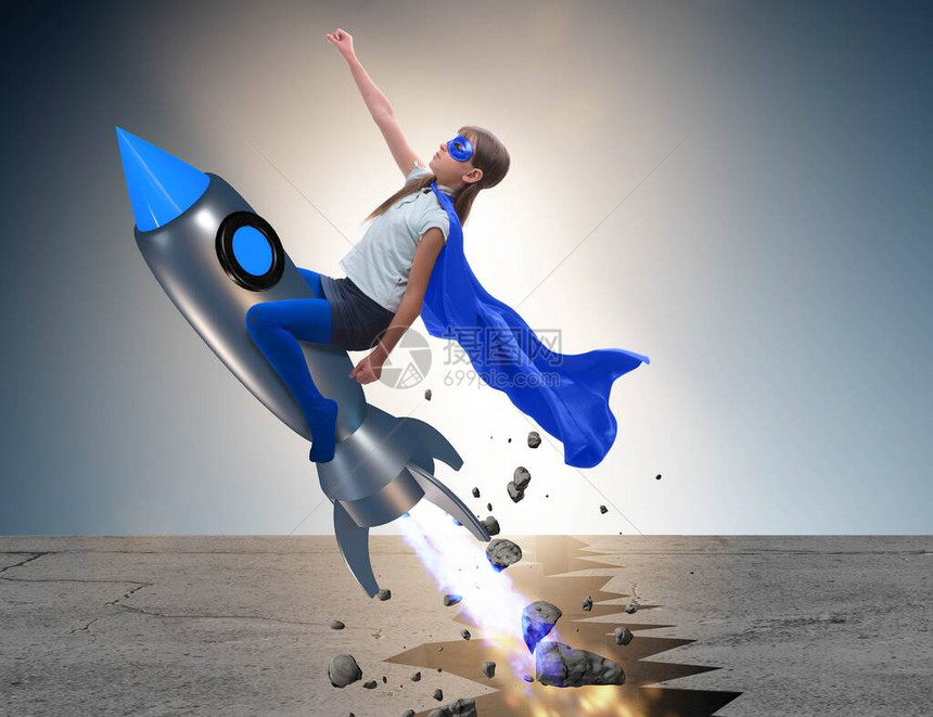 乘坐火箭飞行的超级英雄孩子图片