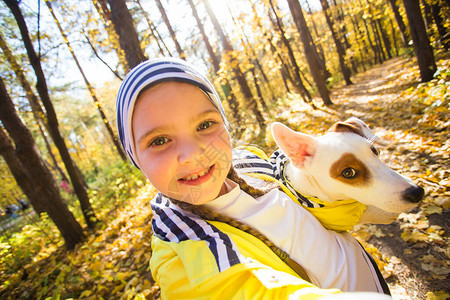 小姑娘在秋天公园和她的狗一起自拍小孩跟杰克鲁赛尔泰瑞尔假扮在户外的手图片
