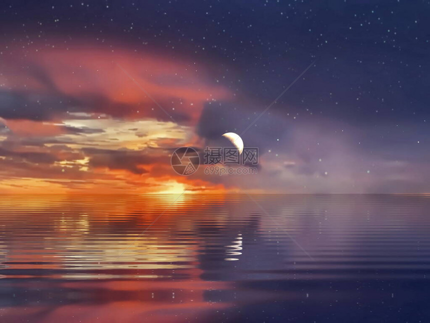 月亮在满天星斗的天空夜深蓝色淡紫色金橙色日落在海水反射小船在海港自然风景背图片