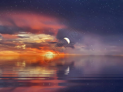 月亮在满天星斗的天空夜深蓝色淡紫色金橙色日落在海水反射小船在海港自然风景背背景图片
