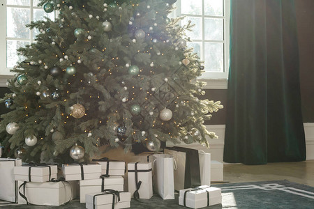 明亮的圣诞树窗户旁图片