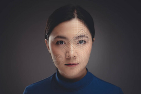 近距离拍摄亚洲女肖像和科技扫描面孔图片