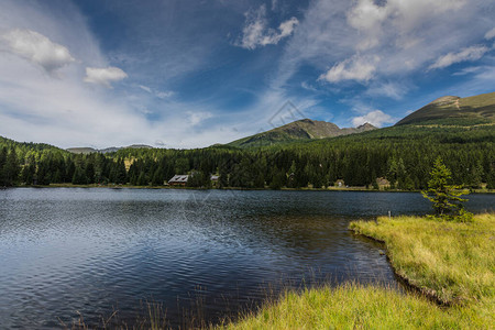 夏天在山湖上的蓝天绿景图片